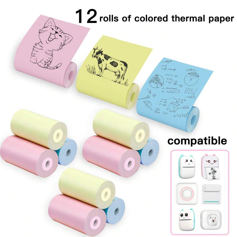 6/12捲彩印紙熱敏紙57毫米寬彩色連續紙，適用於便攜式高清相片印表機和57毫米迷你相片印表機紙張，提供即時便捷相片印刷 - 多色 - 查看 1