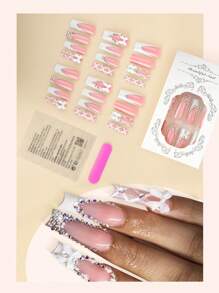 X Milania Y2K 24pcs Glossy Acrylic Nail Tips, White French Pointed, 3D Bow Decor, Shiny Rhinestones, Suitable For Women And Girls Nails Nail Supplies - Multicolor - View 2