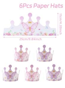 6顶粉紫色蝴蝶造型派对帽，纸质皇冠造型派对帽，蝴蝶主题生日派对、家庭节日派对装饰、返校季、情人节 - 彩色 - 查看 3