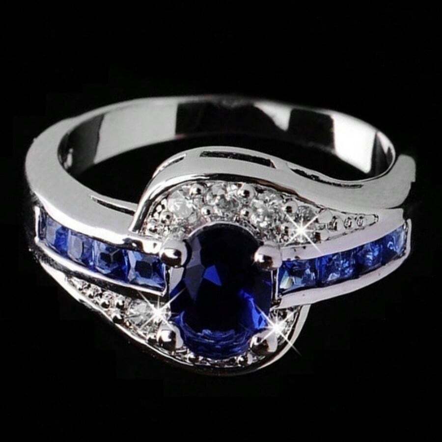 Blue Cubic Zirconia Elliptical Ring, Super Shiny And Elegant Wedding Ring, Jewelry Decoration - Blue - View 1