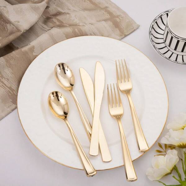 30pcs Gold Plastic Cutlery - Gold Plastic Silverware Includes 10 Forks, 10 Spoons, 10 Knives, Gold Disposable Silverware, Ideal For Weddings, Parties And Holiday Celebrations,School Supplies