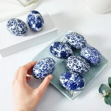6 颗手绘陶瓷复活节彩蛋，经典蓝白色装饰蛋，2.36 英寸 * 1.57 英寸节日装饰，适用于家庭客厅办公室装饰、母亲节春季复活节礼物 - 彩色 - 查看 2