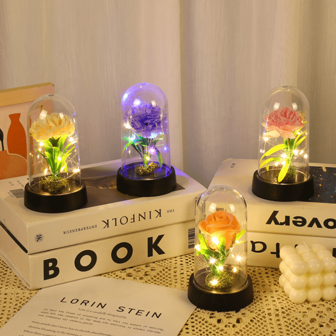 1 pieza Lámpara de mesita de noche con flor preservada y pantalla de acrílico para el dormitorio, decoración de rosa, regalo para el Día de San Valentín/Cumpleaños