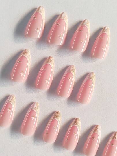 爽やかな夏のネイルアートセット 24個、アーモンド形状でシンプルなフレンチスタイルにグリッターが加わっている。学生、レディ、パーティー、ダンス、デート、休暇、日常着用に適しています。