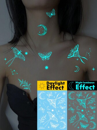 1 hoja Tatuajes temporales originales en el Body de gran tamaño, luminosos en azul y tinta blanca que brillan en la oscuridad, estilo mágico con patrón de polilla de brillo de constelación de luna de mariposa botánica, tatuaje falso impermeable que dura de 2 a 5 días, cubre cicatrices, se puede utilizar en brazos, muñecas, hombros, piernas, cintura, cuello, mano, pecho, muslos, dedos, como regalo sorpresa para fiestas de cumpleaños,tatuajes maquina para tatuar tatuajes falsos