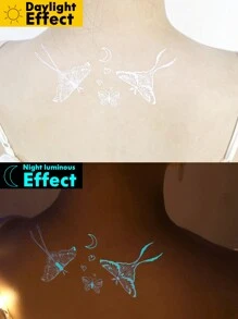 1张大尺寸蓝色夜光和白色墨水夜光原创人体彩绘临时纹身贴纸，魔法风格闪光飞蛾星座月亮蝴蝶植物图案，防水假纹身，持续2-5天，遮盖疤痕 - 白色 - 查看 6