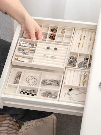 1/5pcs Simple Flannel Jewelry Tray, Desktop Jewelry Storage Display Tray Box, Drawer Style Stackable Jewelry Storage Box, Jewelry Earrings, Rings, Necklaces, Bracelets, Pendants, Multi-Purpose Storage Box Display Box Room Decor Home Decor Fall Decor Bedroom Decor