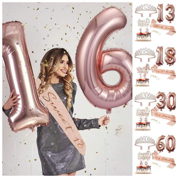 6 Pieces Set Of Birthday Decorations, Including Birthday Belt, Birthday Crown, Birthday Candle, Digital Aluminum Film Balloon, Cake Insert And Pin, Girl's Birthday Gift, Birthday Party Supplies