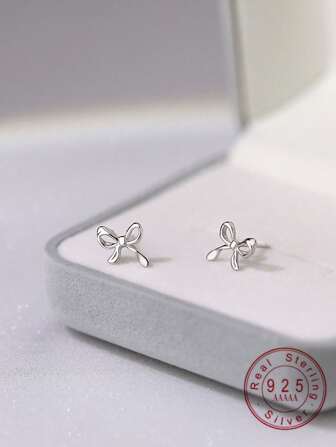 1pair Simple Design Small Luxurious 925 Sterling Silver Bow Knot Ear Studs With Ear Cuffs For Girl
