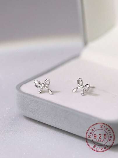 1pair Simple Design Small Luxurious 925 Sterling Silver Bow Knot Ear Studs With Ear Cuffs For Girl