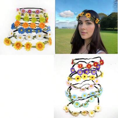 7pcs/Set Daisy Artificial Flower Headband, Beach Festival Vacation Hair Wreath, Bridal Bridesmaid Sunflower Hair Accessories Set