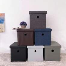 Taburete organizador de lino, plegable, con compartimento interno y tapa acolchada - Azul Marino - Ver 3