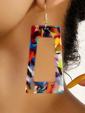 1pair Cute Colorful Geometric Square Shaped Earrings, Summer Ladies' Fashion Jewelry For Travel & Vacation, Gift