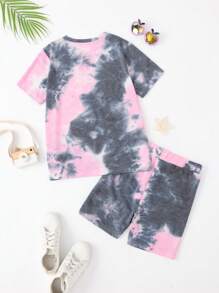 Tween Girl 扎染简约休闲粉色和灰色 T 恤和短裤套装，夏季 - 粉色 - 查看 4