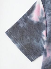 Tween Girl 扎染简约休闲粉色和灰色 T 恤和短裤套装，夏季 - 粉色 - 查看 7