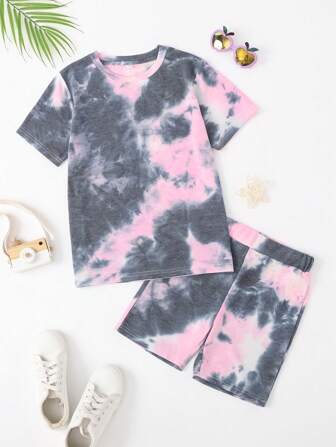 Tween Girl 扎染简约休闲粉色和灰色 T 恤和短裤套装，夏季