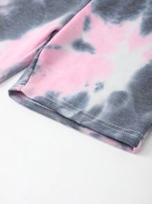 Tween Girl 扎染简约休闲粉色和灰色 T 恤和短裤套装，夏季 - 粉色 - 查看 10