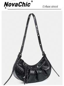 輕便商務休閒中型 Hobo 包鱷魚紋壓花適合青少年女孩女大學生、菜鳥和白領非常適合辦公室、大學、工作、商務、通勤、戶外、旅行、郊遊 - 黑色 - 查看 1