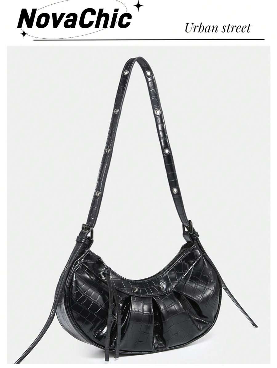 輕便商務休閒中型 Hobo 包鱷魚紋壓花適合青少年女孩女大學生、菜鳥和白領非常適合辦公室、大學、工作、商務、通勤、戶外、旅行、郊遊 - 黑色 - 查看 1