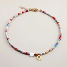 Magic Fish 1入組隨機色時尚心和珠子裝飾字母吊墜項鍊適用於女士日常裝飾 - 彩色 - 查看 28