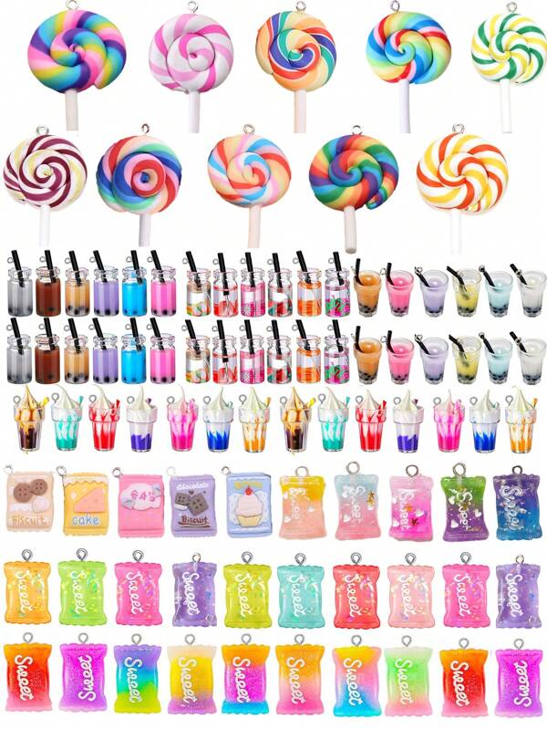 1 Set Of 60pcs (Random Colors) Colorful Lollipop Candy & Milk Tea Cup Shaped Pendant Accessories For DIY Bracelet Necklace Mobile Phone Chain Making, Contains 10pcs Dango, 18pcs Milk Tea Cup, 6pcs Ice Cream, 26pcs Candy Shaped Pendants, For Children And Adults, Birthday Gift