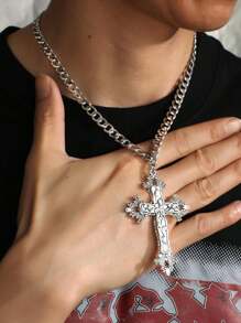 Vintage Gothic Style Big Cross Necklace, Floral Cross Necklace, Gothic Hip Hop Chain Necklace For Women And Men
