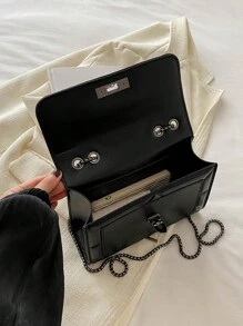 1 件简约时尚凹痕钻石形方形包锁扣翻盖开口金属链条单肩包适合女性日常休闲使用 - 黑色 - 查看 6