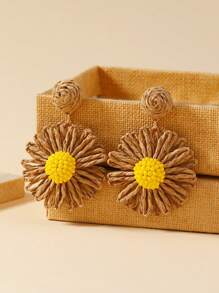 1 par de aretes tejidos a mano en estilo bohemio vacacional con hierba de rafia de color naranja, verde, beige, caqui y amarillo, cuentas y flores margarita, adecuados para uso diario por mujeres - Beis - Ver 6