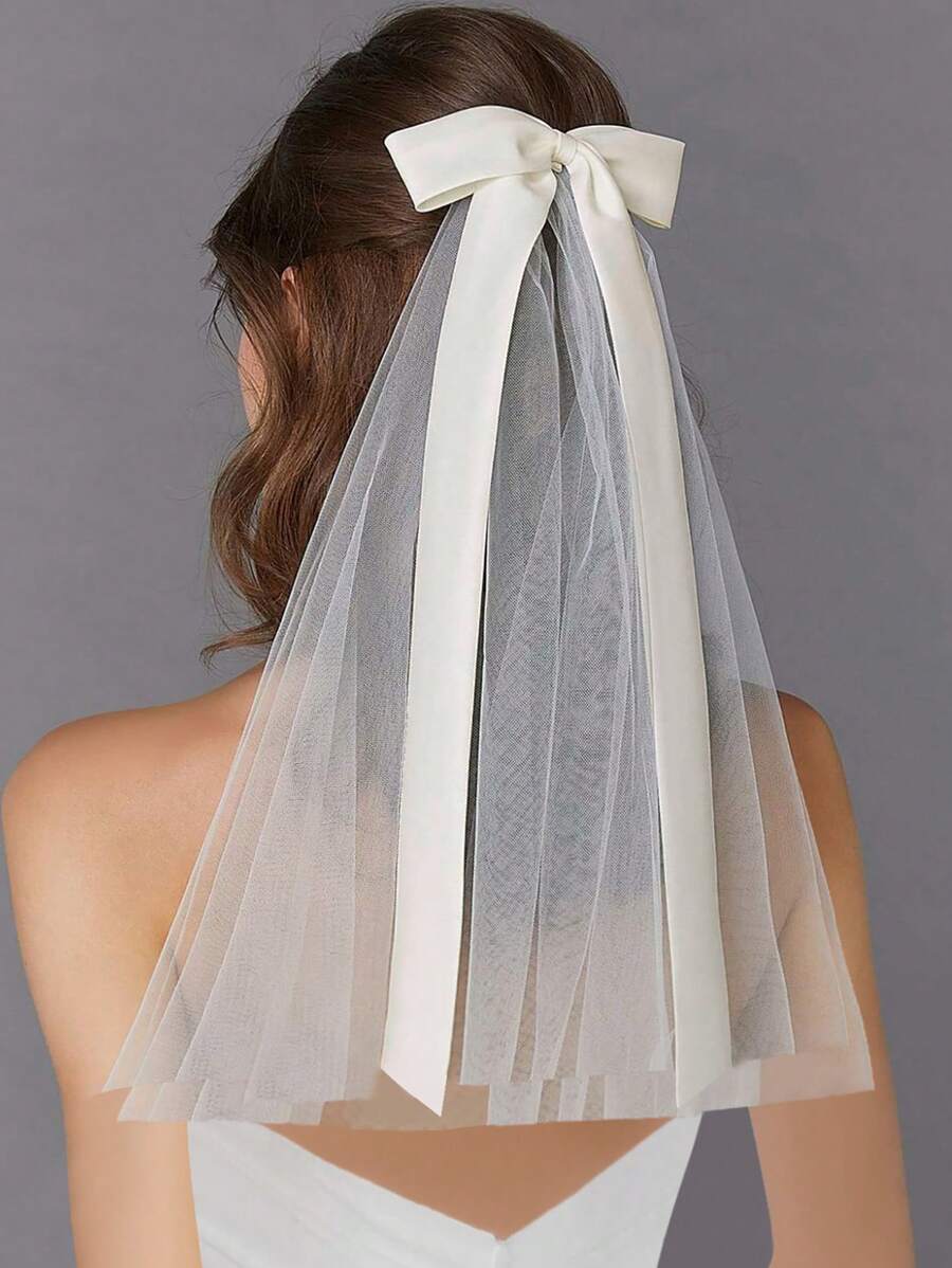 1 chiếc kẹp tóc nơ cô dâu, khăn voan ngắn và phụ kiện đội đầu cho lễ cầu hôn, khăn voan trắng kiểu Pháp dạng lồng chim cho lễ đăng ký kết hôn, phụ kiện ngày Valentine. - trắng - Xem 1