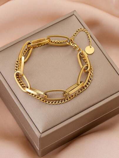 1pc Vintage Stainless Steel Gold Color Long Chain Double-Layer Thick Bracelet, Fashion Accessory For Women