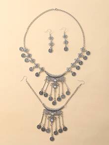 Vòng cổ kim loại tua rua bằng vàng và bạc cổ điển kiểu Âu Mỹ theo phong cách Bohemian mới của Trung Quốc, Dây chuyền dài dát chuông và bông tai đính hạt hình tròn, băng đô cá nhân 3 mảnh cho bữa tiệc và sự kiện của phụ nữ - bộ vòng cổ - Xem 3