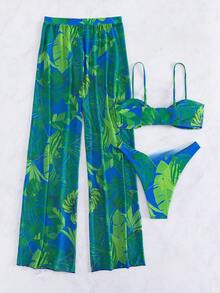 Conjunto De Bikini De 3 Piezas Con Estampado Tropical Y Corte Alto Para Playa De Verano Con Cubierta,Bañador Bikini Halter Con Estampado Tropical,Bañadores Para Fest - Verde - Ver 4