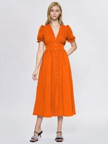 Vestido decuello en v profundo de manga farol bajo con fruncido Volantes Cintura ceñida - Naranja - Ver 1