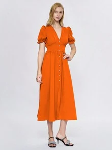 Vestido decuello en v profundo de manga farol bajo con fruncido Volantes Cintura ceñida - Naranja - Ver 3