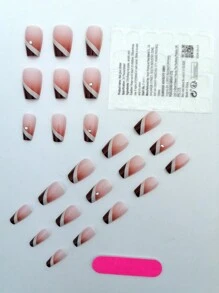 瞬間讓你美麗，24片法式斜角漸層棕色假指甲套裝適用於上班族、辦公室以及日常佩戴。壓片指甲，美甲用品 - 彩色 - 查看 4