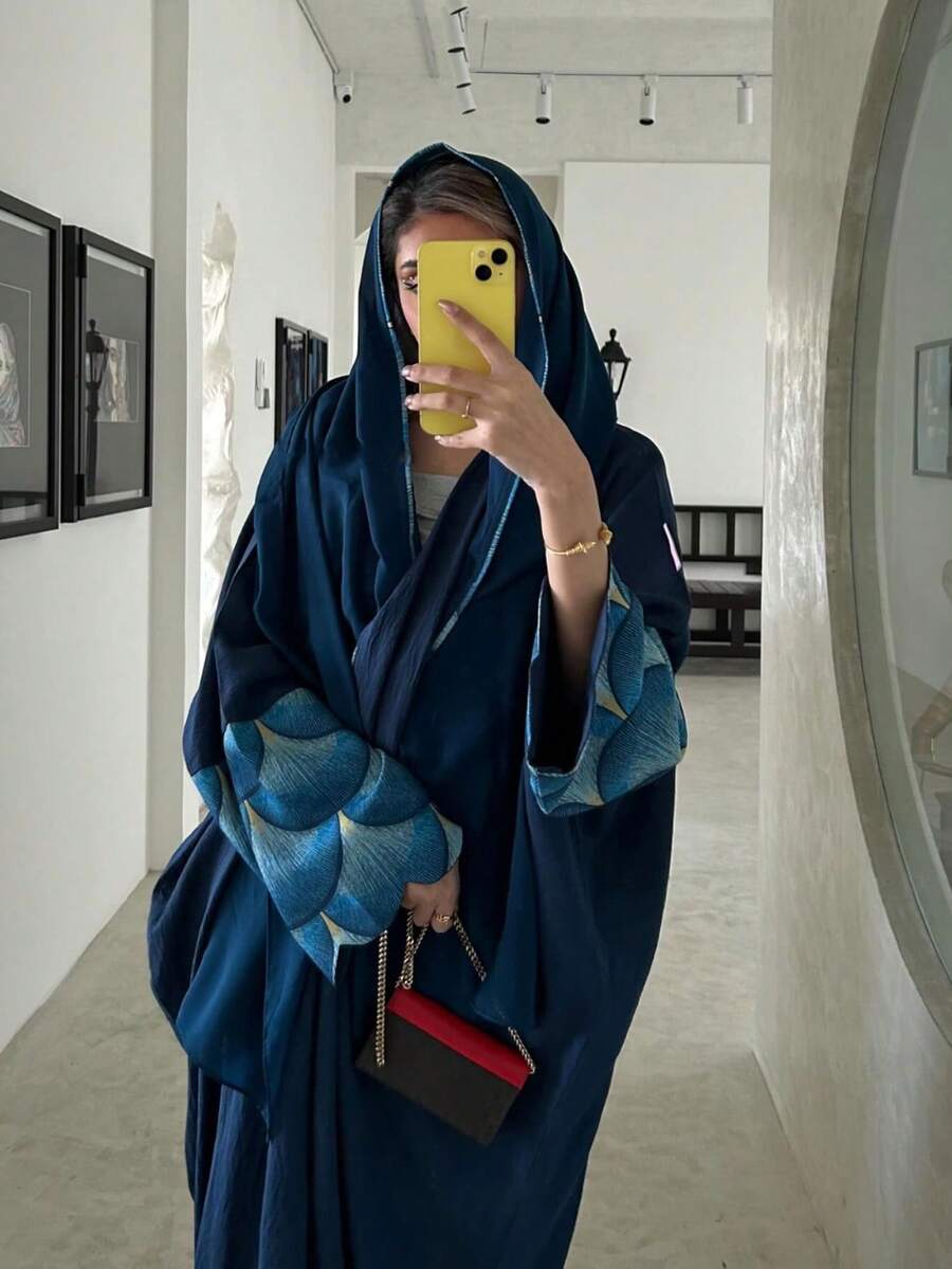 2pcs Women's Chic Petal Pattern Cardigan Elegant And Versatile Arabic Turkish Abayas With Headscarf For Daily Gathering - Abaya - View 1