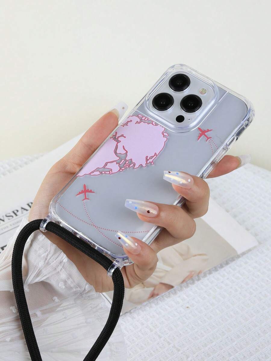 手机挂绳 飞机地图印花 透明时尚斜挎手机壳 带挂绳，国际版，非国内版 - 粉色 - 查看 1