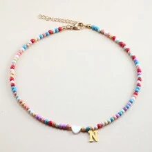 Magic Fish 1入組隨機色時尚心和珠子裝飾字母吊墜項鍊適用於女士日常裝飾 - 彩色 - 查看 19