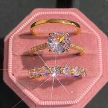 3 chiếc nhẫn có thể xếp chồng trang nhã, mạ vàng 14k đính đá Cubic Zirconia lấp lánh, nhẫn đính hôn/cưới, món quà trang sức sang trọng cho người thân yêu của bạn - Vàng - Xem 12