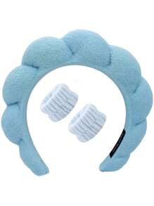 1pc Washable Facial Headband + 2pcs Braided Wristband Set (1 Headband + 2 Wristbands) Or (2 Wristbands) Home Bathroom Decor - Blue - View 6