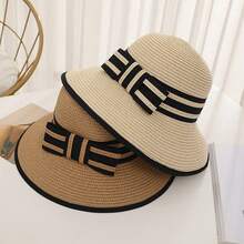 Mũ che nắng thời trang cho mùa hè, có thể gập lại, chống nắng, phong cách ngư dân, hoàn hảo cho du lịch, giải trí và nơ bảo vệ mặt - Mũ rơm buộc lớn màu đen và trắng - Xem 7