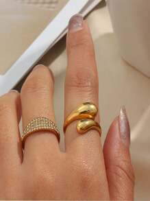 2 piezas Anillos ajustables de acero inoxidable en forma de gota de agua brillante para mujer con extremo abierto.