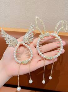 1pc Faux Pearl Tassel Hair Clip, Cute Bunny Wing Ponytail Holder, Princess Hair Accessory, Birthday Festival Gift - Multicolor - View 7