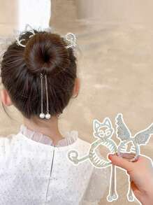 1pc Faux Pearl Tassel Hair Clip, Cute Bunny Wing Ponytail Holder, Princess Hair Accessory, Birthday Festival Gift - Multicolor - View 6