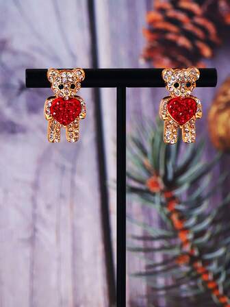 1對卡通情人節心形合金耳環，兩色鑲滿鉆石，適用於女士