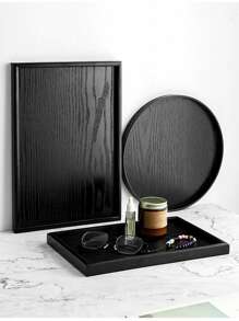 1pc Black Wooden Rectangular/Circular Tray For Home Use In Serving Desserts, Coffee, Tea, Fruits, Sushi, Steak, Bread, Snacks; Clear Texture For Displaying Glasses - Black - View 6
