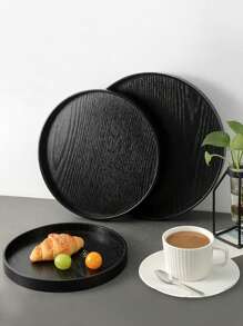 1pc Black Wooden Rectangular/Circular Tray For Home Use In Serving Desserts, Coffee, Tea, Fruits, Sushi, Steak, Bread, Snacks; Clear Texture For Displaying Glasses - Black - View 9