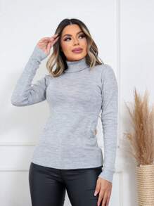 ZAVA Blusa Cacharrel Suéter Gola Alta Poliéster - Cinza - Visão 3