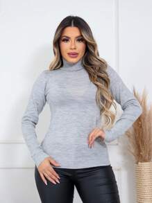 ZAVA Blusa Cacharrel Suéter Gola Alta Poliéster - Cinza - Visão 1
