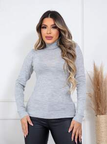 ZAVA Blusa Cacharrel Suéter Gola Alta Poliéster - Cinza - Visão 2